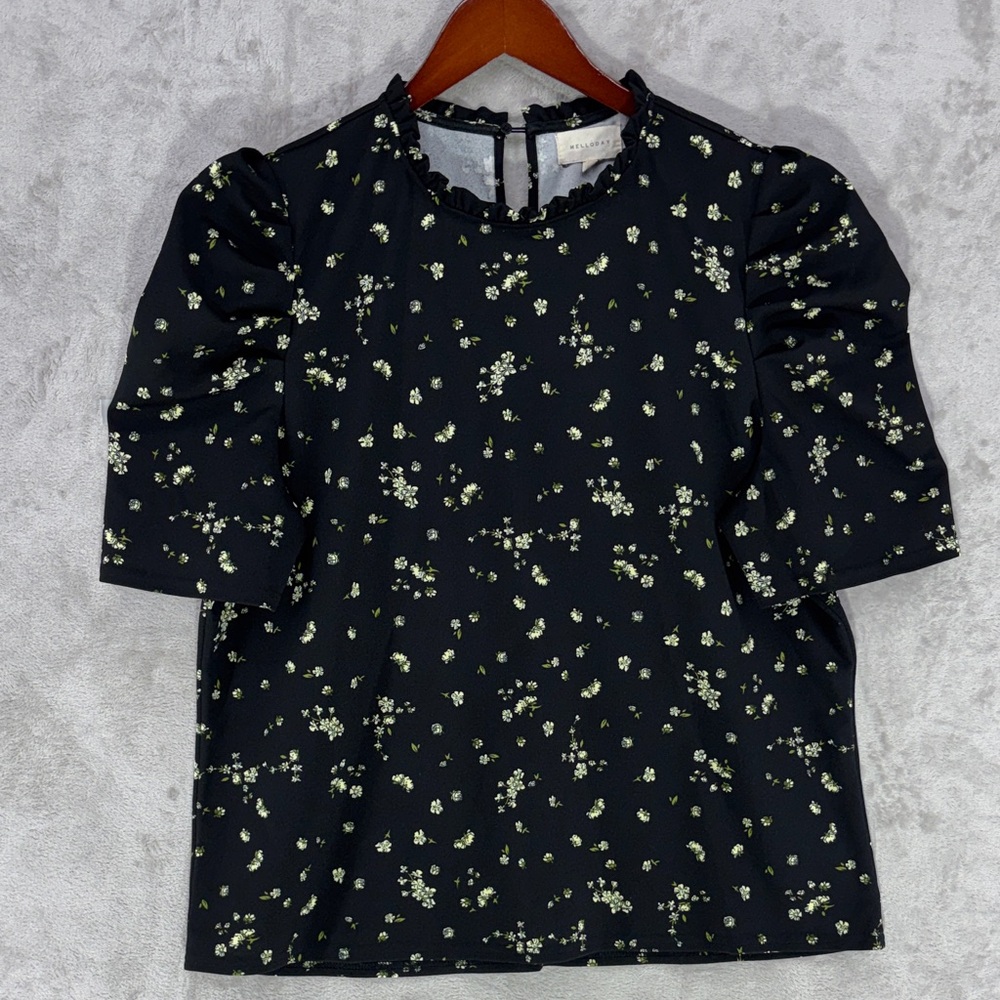 MELLODAY Black Cream Ditsy Floral Ruffle Neck Puffed Short Sleeve Top Size XL